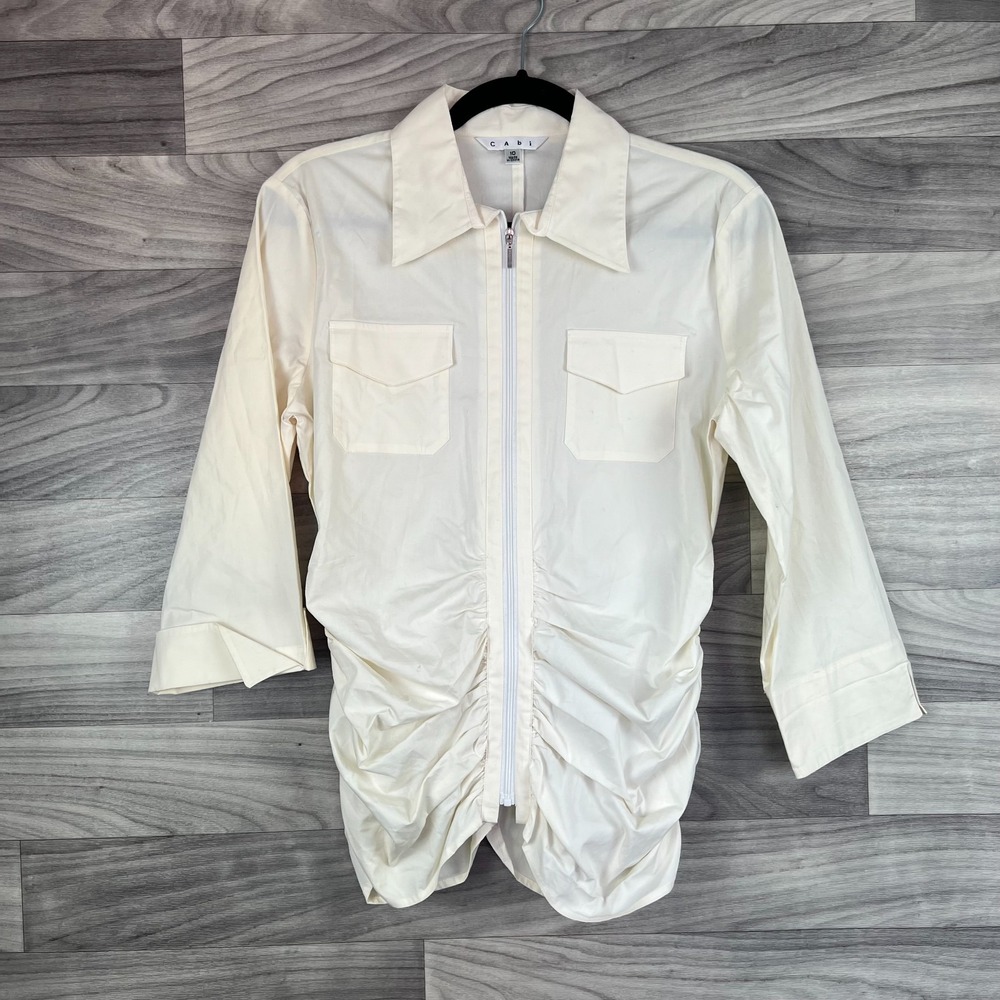 CAbi Blouse Women's Size 10 Cream Stretch Long Sleeve Full Zip Ruched Career Top
